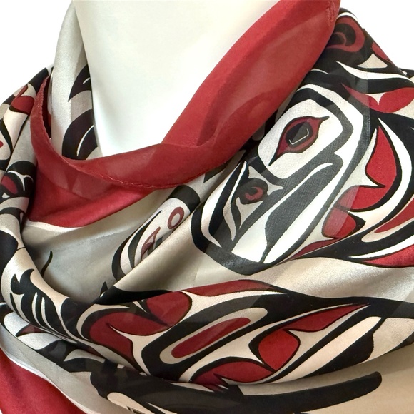 Bill Helin Indigenous Art Silk Scarf – Red & Black – 19” x 56” - Picture 5 of 10